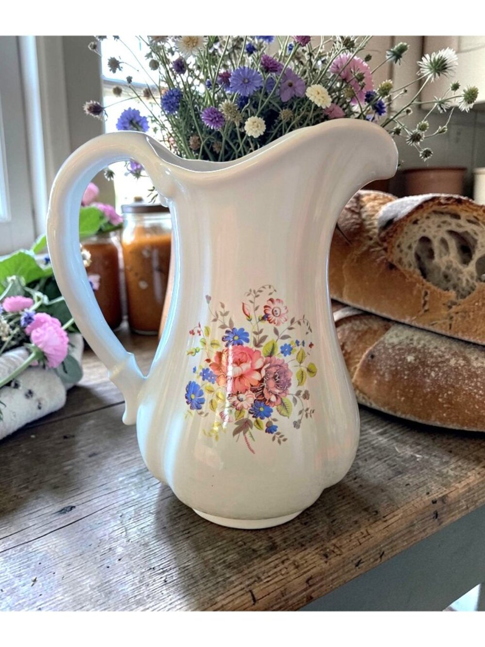 Large Athena Pottery Pitcher with pastel florals,1960s California
